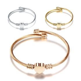 Tricolor Stainless Steel Wire Braided Bracelet Cable Wire Titanium Steel Heart Bracelet Rose Gold Fashion Bracelet For Women (Color: Rose Gold)