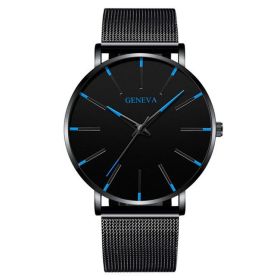 2022 Minimalist Men's Fashion Ultra Thin Watches Simple Men Business Stainless Steel Mesh Belt Quartz Watch relogio masculino (Color: Mesh belt black black shell blue needle)